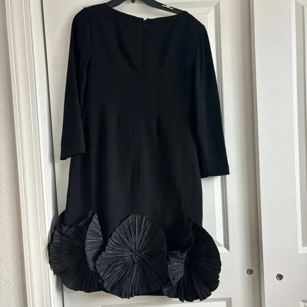 Lourdes Chavez Black Crepe Shift Dress Pleated Rosette Hem Detail Size 12 - Picture 9 of 16